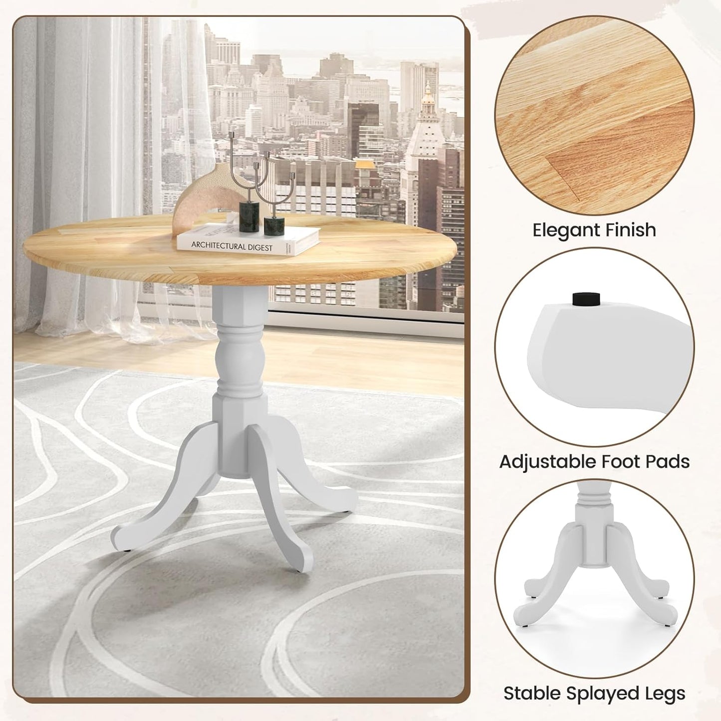 COSTWAY Round Dining Table for 4, 39-inch Wooden Kitchen Table With Solid Rubber Wood Frame, Curved Trestle Legs, Adjustable Foot Pads, Mid Century Rustic Dinning Table for Living Room (Natural+White)