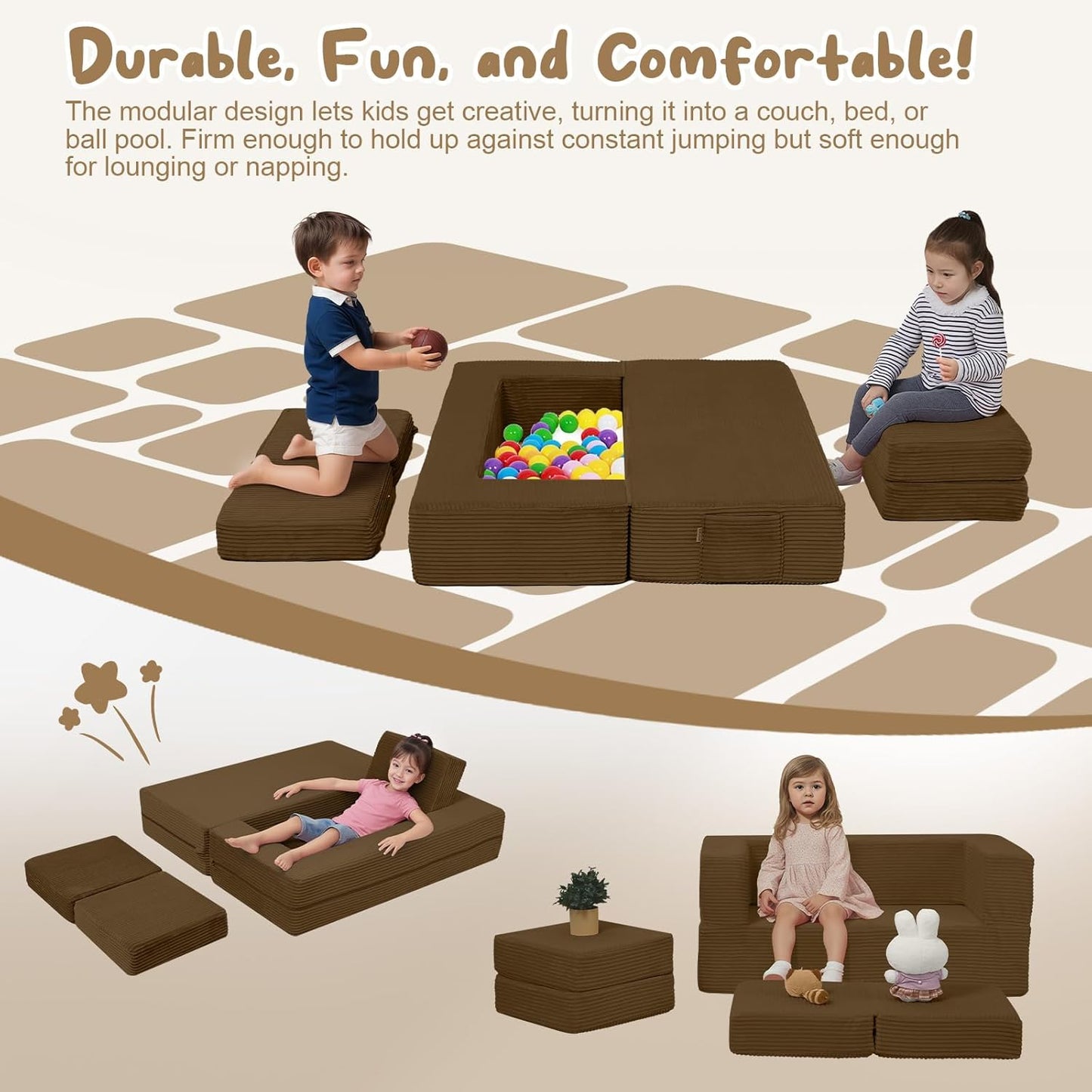 MeMoreCool Modular Kids Couch, Corduroy Play Toddler Couch for Bedroom Playroom Furniture, Convertible Foam Kids Sofa Bed, Fold Out Baby Sofa for Girl Boy, Brown