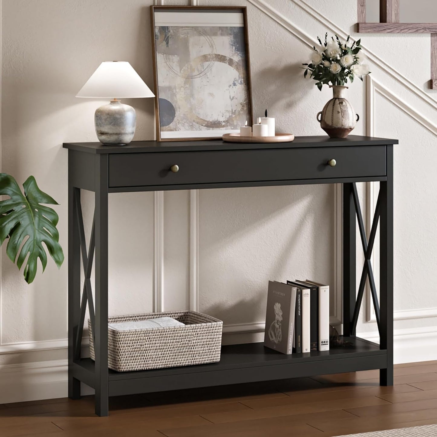 Treocho Black Console Table with Drawer and Storage Shelves, Foyer Sofa Table Narrow for Entryway, Living Room, Hallway