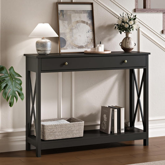 Treocho Black Console Table with Drawer and Storage Shelves, Foyer Sofa Table Narrow for Entryway, Living Room, Hallway