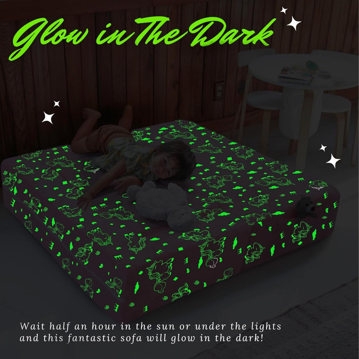 MeMoreCool Glow-in-The-Dark Unicorn Kids Modular Play Couch Sofa – Convertible Fold-Out Plush Foam Toddler Chair for Children’s Playroom
