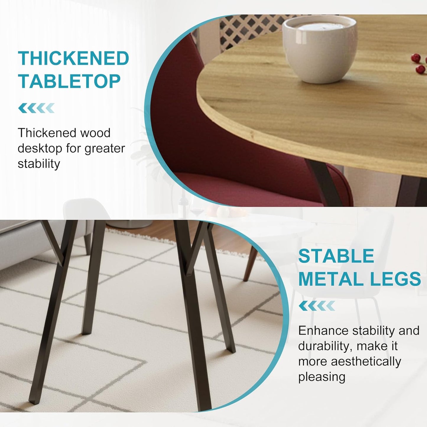 35" Round Dining Table for 4, Modern Small Circle Dinner Table Farmhouse Round Kitchen Tables with Metal Legs for Dining Room, Kitchen, Living Room, Light Brown & Black