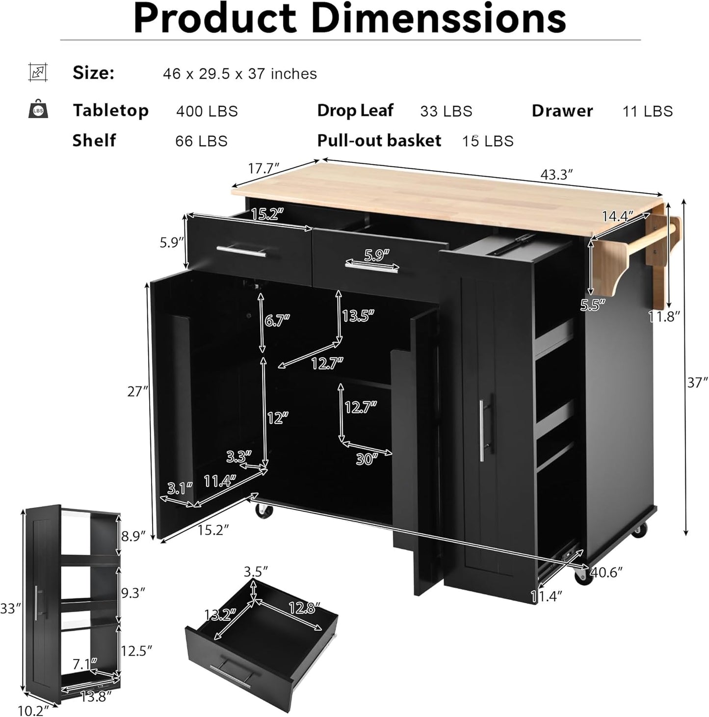 46" Kitchen Island with Drop Leaf,Dining Storage Cart W/ 3 Tier Pull Out Cabinet Organizer & Internal Storage Rack,Rolling Cart on Wheels W/Towel Rack & 2 Drawers,for Kitchen,Black