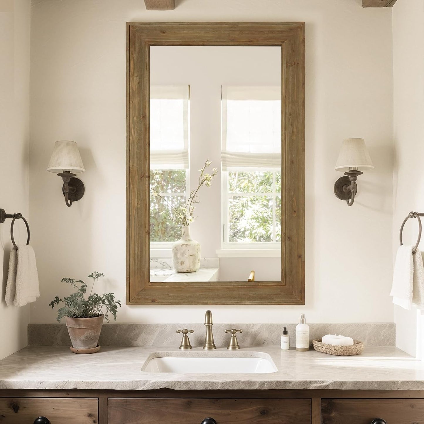 WallBeyond Rustic Wood Framed Mirror, 30" x 48" Farmhouse Decorative Wall Mirror, Vintage Solid Wood Rectangular for Bathroom, Entryway & Living Room, Natural