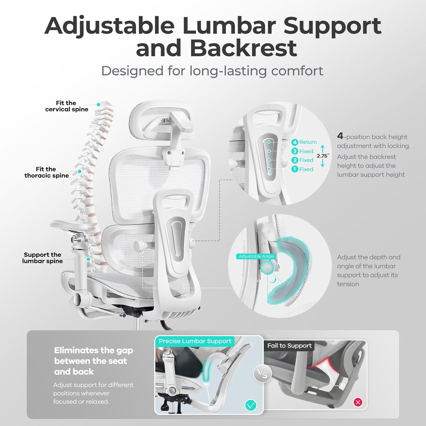 Ergonomic Office Chair with 9D Arms,Adjustable Seat Depth,3D Lumbar Support,135° Recline,3D Headrest & Footrest,Mesh Computer Desk Chair - Ultimate Comfort for Home & Executive Office White