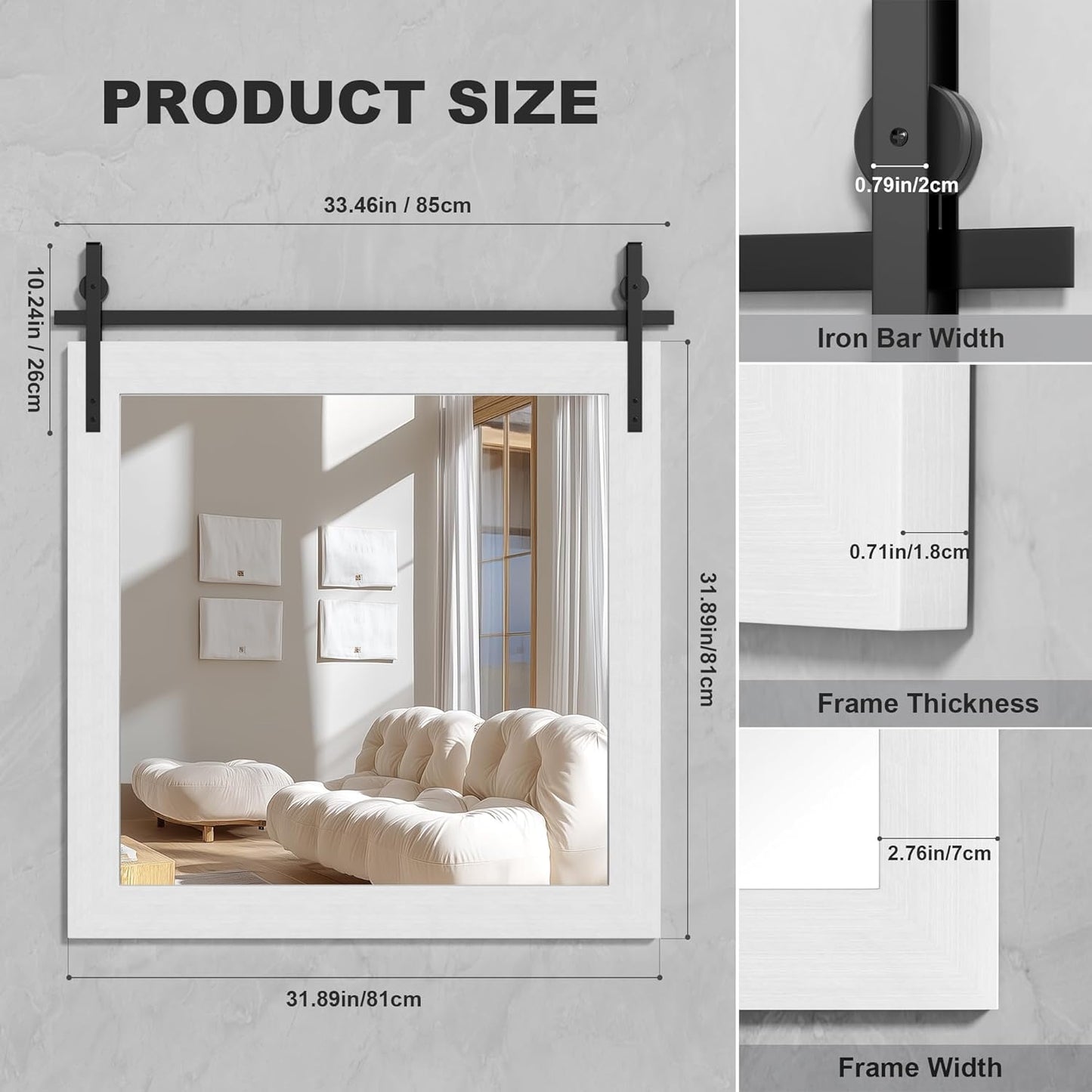 Hasipu Farmhouse Bathroom Mirror, 31"x31" Rustic Wood Framed Wall Mounted Mirror, White Vintage Vanity Mirror Barn Door Style Decrative Mirrors