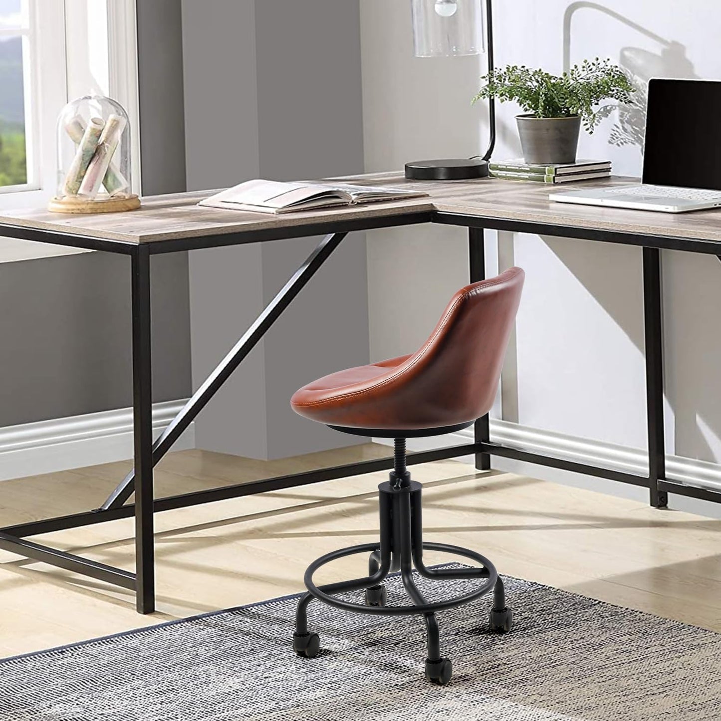 Topower Antique Industrial Design Metal Adjustable Height Kitchen Dining Breakfast Chair Industrial Style Bar Stool with Wheels, Fully Welded, Brown PU Leather Sea