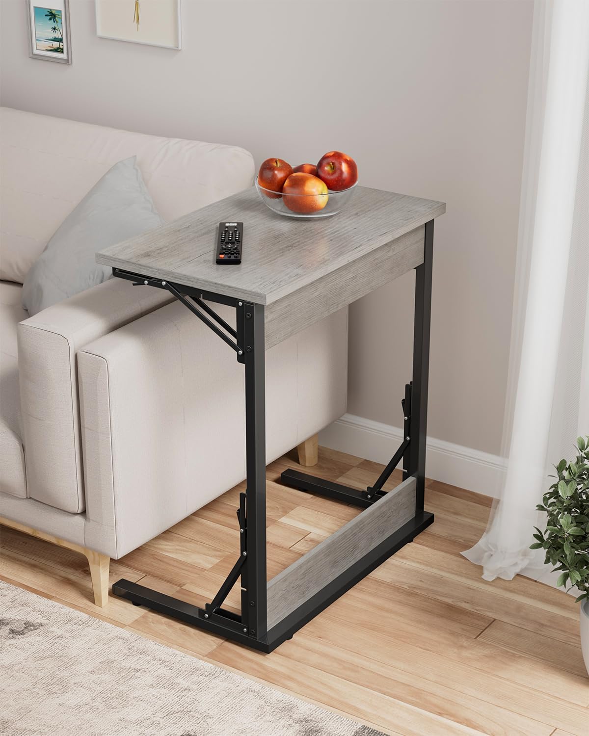 Tatub Folding TV Tray Table Set of 2, 24" Wide C-Shaped End Table for Couches, Small Sofa-Side Laptop Desk with Metal Frame for Living Room, Bedroom, Ivory White