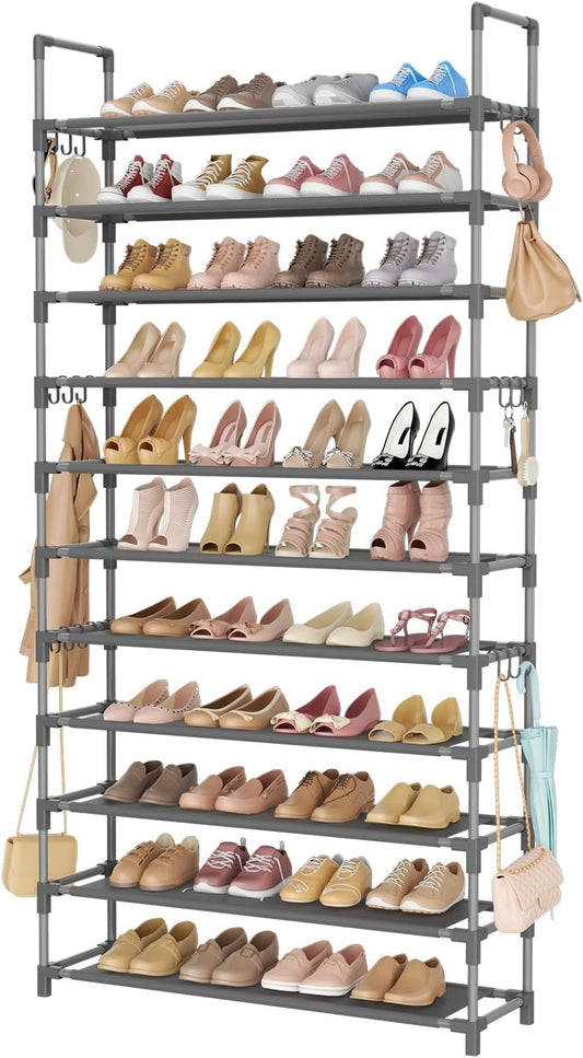 11 Tiers Tall Shoe Rack Holds 55 Pairs of Shoes with 18pcs Hooks Sturdy Wide Shoe Organizer Storage Free Standing Metal Shoe Shelf for Closet, Entryway Grey