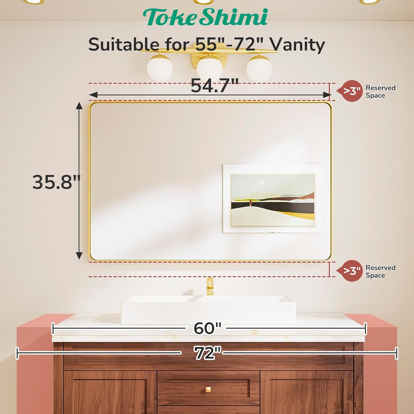 TokeShimi 55x36 Bathroom Mirror Gold,Aluminum Framed Bathroom Mirrors for Over Sink,Rectangle Vanity Mirror Bath,Shatterproof Tempered Glass Wall Mirror Modern(Horizontal/Vertical)