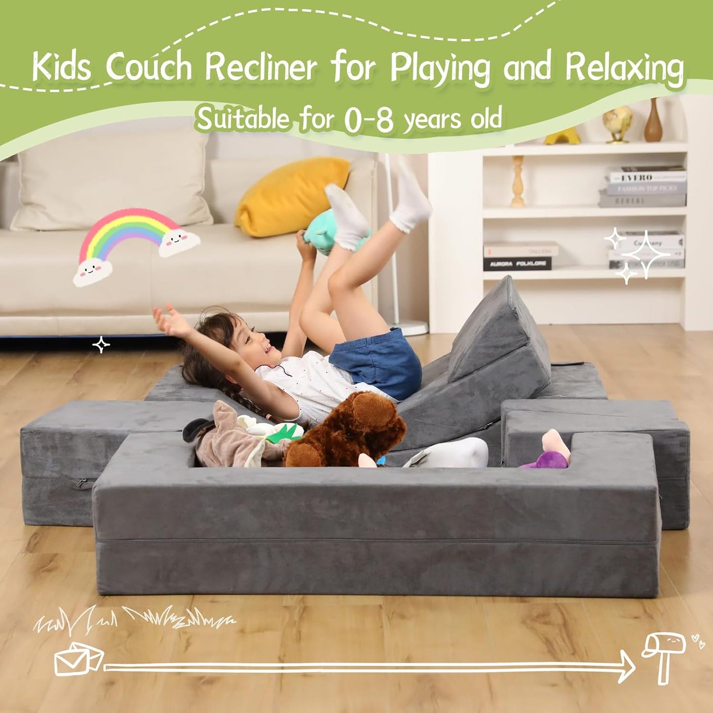 Modular Kids Play Couch, Kids Sofa Toddler Couch, Foam Play Set with Recliner, Toddler Sofa for Creative Boys & Girls, Convertible Foam Climbing Blocks