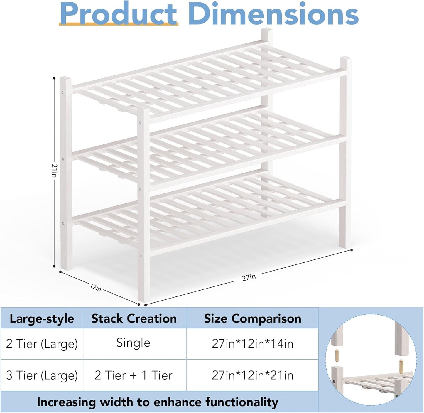 Haddockway Large 3 Tier Bamboo Shoe Rack Storage Organizer, Multifunctional Free Standing Stackable Shoe Shelf with Grid Panel for Closet,Hallway,Entryway,Small Space 27"x12"x21"(White, 3-Tier(Large))