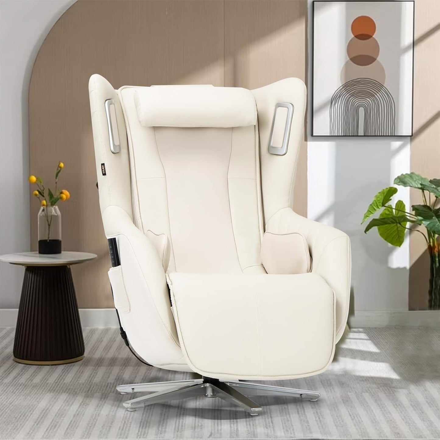 COLAMY Zero Gravity Massage Chair with 4-Zone Massage, Dual Lumbar Heat, Airbag Compression, 360° Swivel, Built-in Bluetooth Speakers & USB Charging, White
