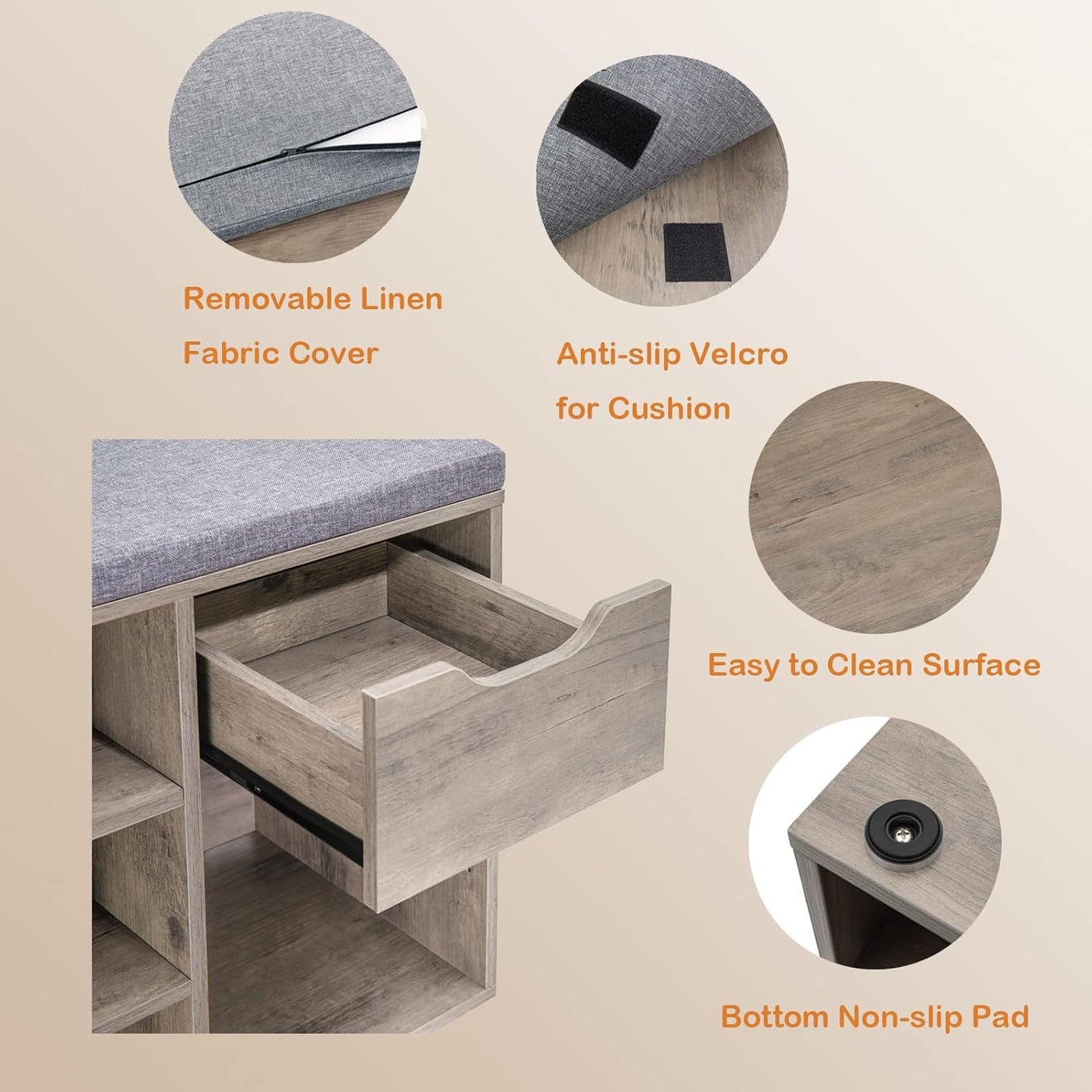 DINZI LVJ Shoe Bench,Entryway Storage Bench with Drawer and 8 Cubbies,Cubby Rack Adjustable Shelves,Shoe Organizer Cabinet for Living Room,Bedroom,Mudroom,Closet Garage,Greige