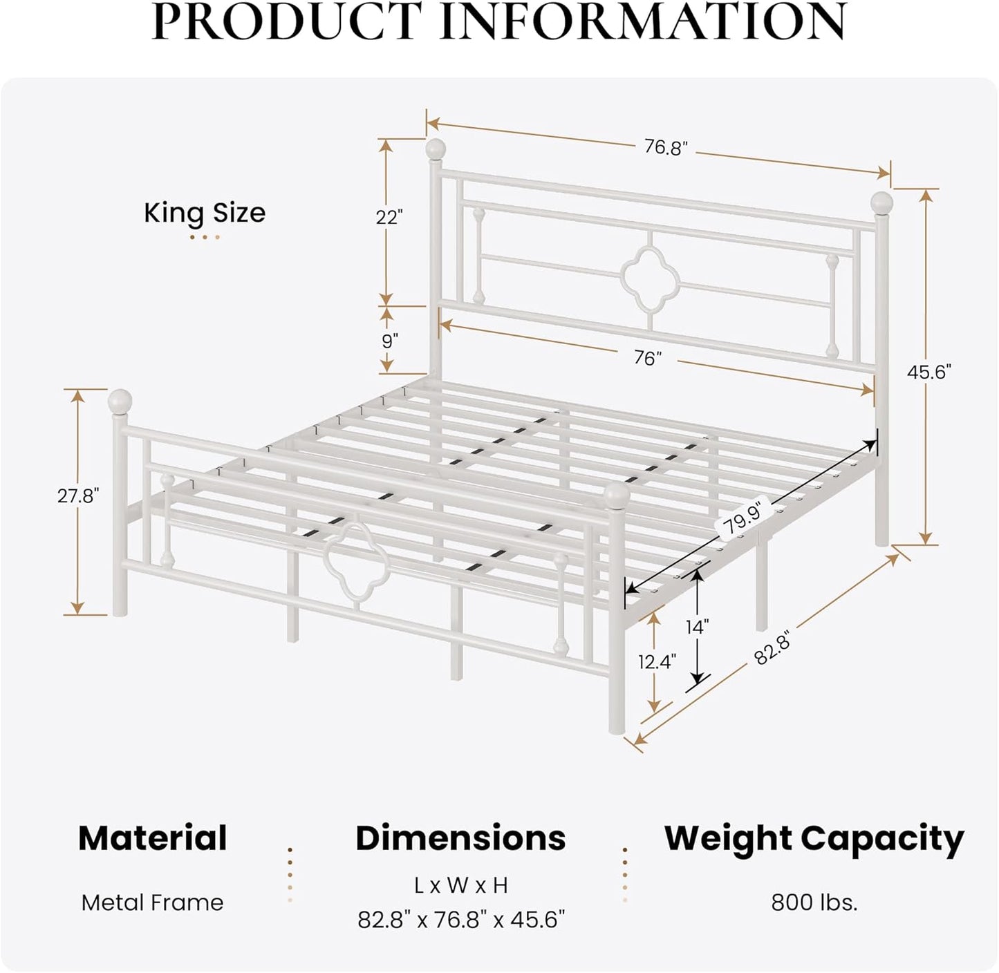 SHA CERLIN 14 Inches King Size Metal Platform Bed Frame/Vintage Iron-Art Headboard and Footboard/Mattress Foundation for Storage/No Box Spring Needed/Noise-Free/Easy Assembly/White