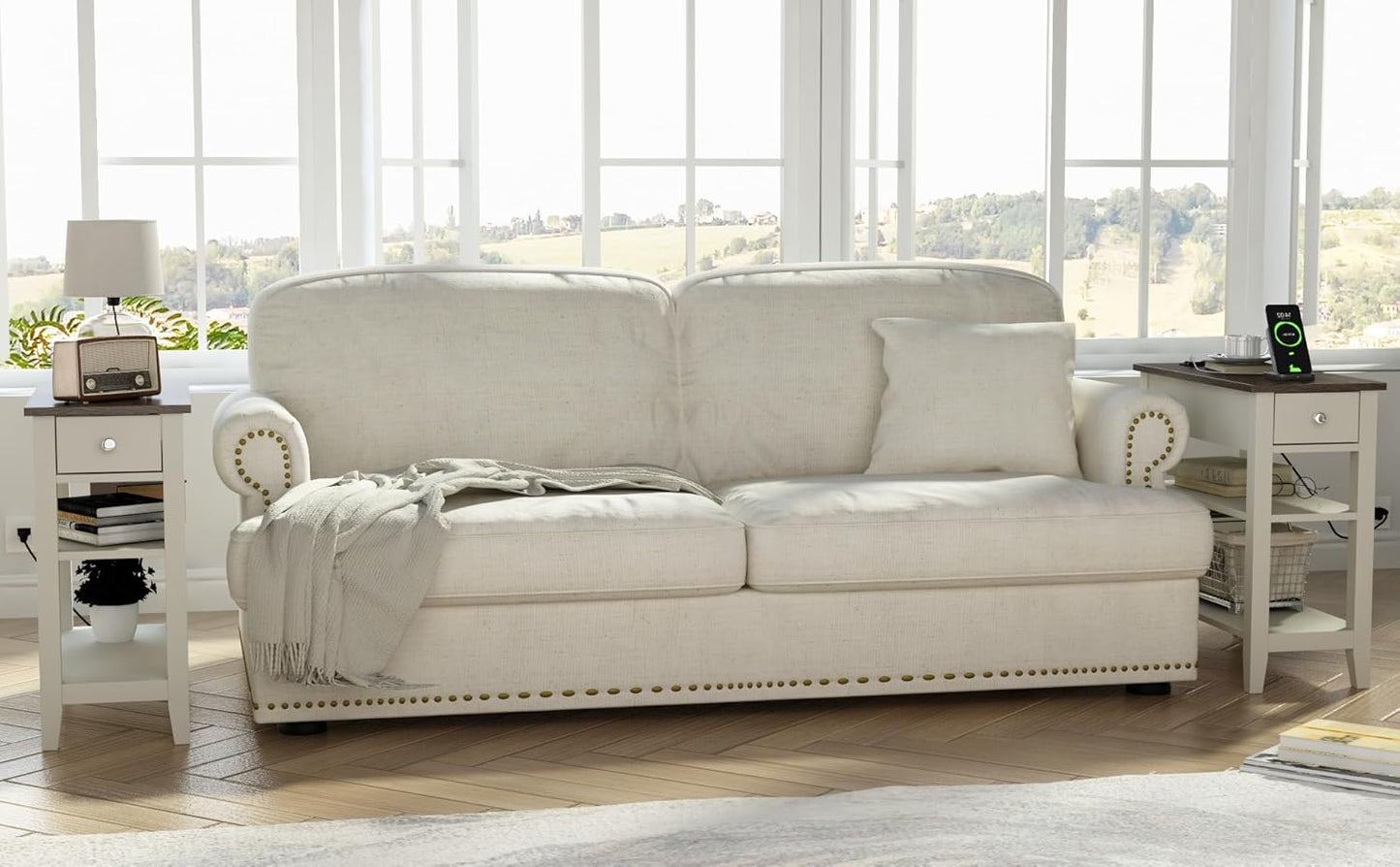 ChooChoo Farmhouse end Table Living Room Set of 2, Sofa Side Table Living Room with Charging Station,Narrow Night Stand with USB Ports & Power Outlets and Hidden Drawer