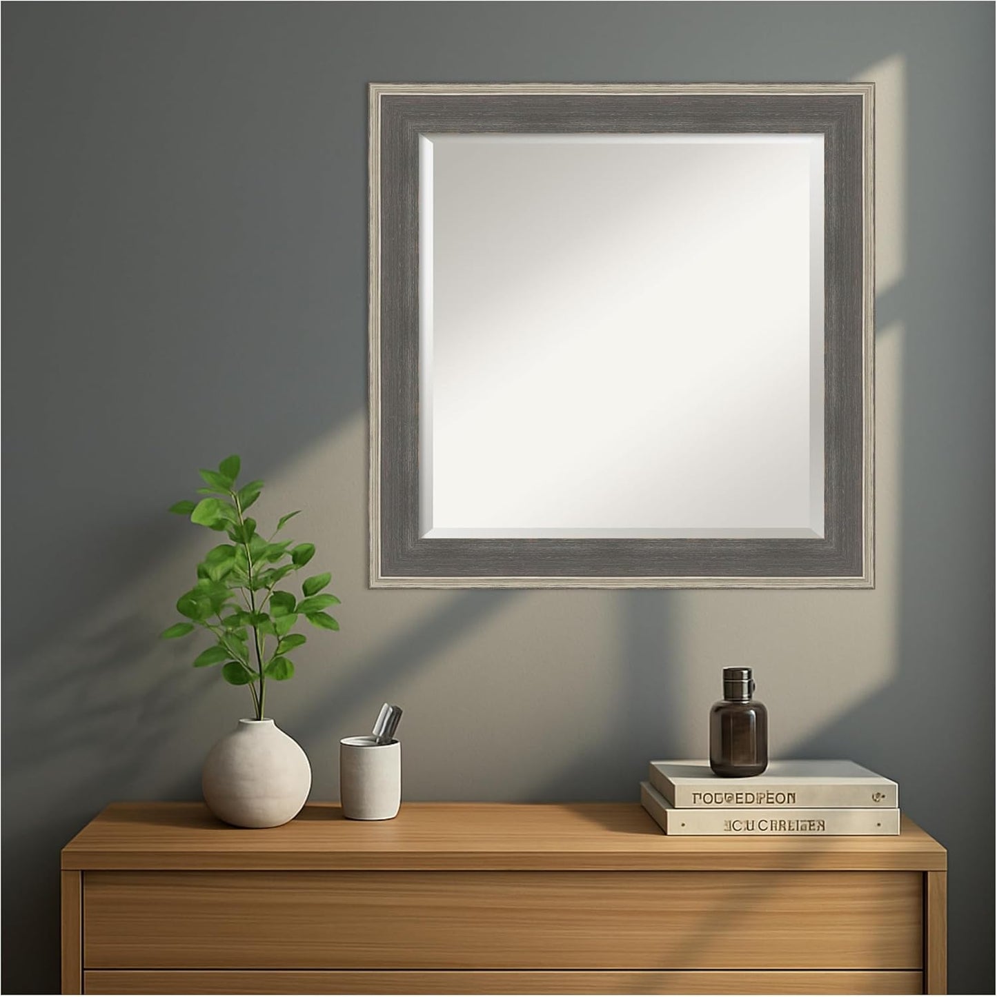 Amanti Art Grey Wall Mirror 25x25 Cottage Grey Silver Square Bathroom Mirror for Wall Decor Living Room, Medium Casual Wood Frame, Hangs Horizonally and Vertically, Bathroom Decor, Beveled Edge