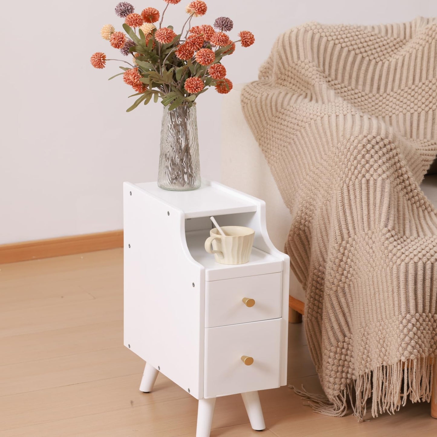 Small Nightstand, Narrow Nightstand, Solid Slim Wood Night Stand for Small Spaces, Couch, White Color 9.84in Wide