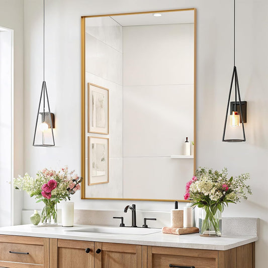 Melodieux Wall Vanity Bathroom Mirror for Over Sink, 24"x36" Rounded Rectangle Metal Deep Frame Wall Mounted Mirror Wall Decor for Living Room Hallway, Gold