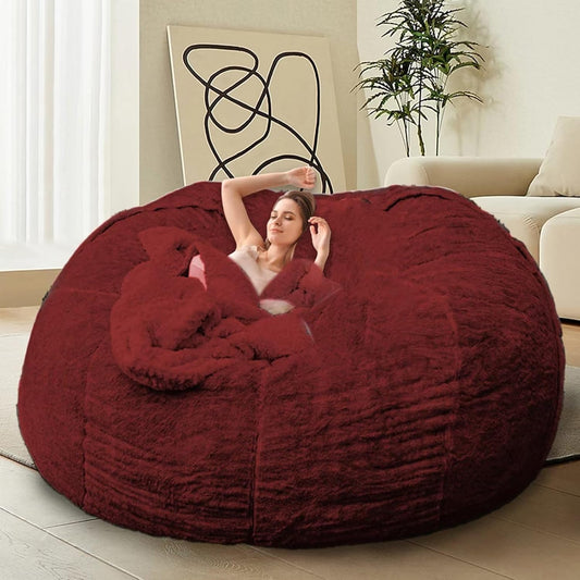 Bean Bag Chair for Adults Kids Without Filling Comfy Oversized Round Lazy Sofa Bean Bag Cover for Stuffed Animal Storage Bedroom Living Room Chairs, 6FT, Red Wine