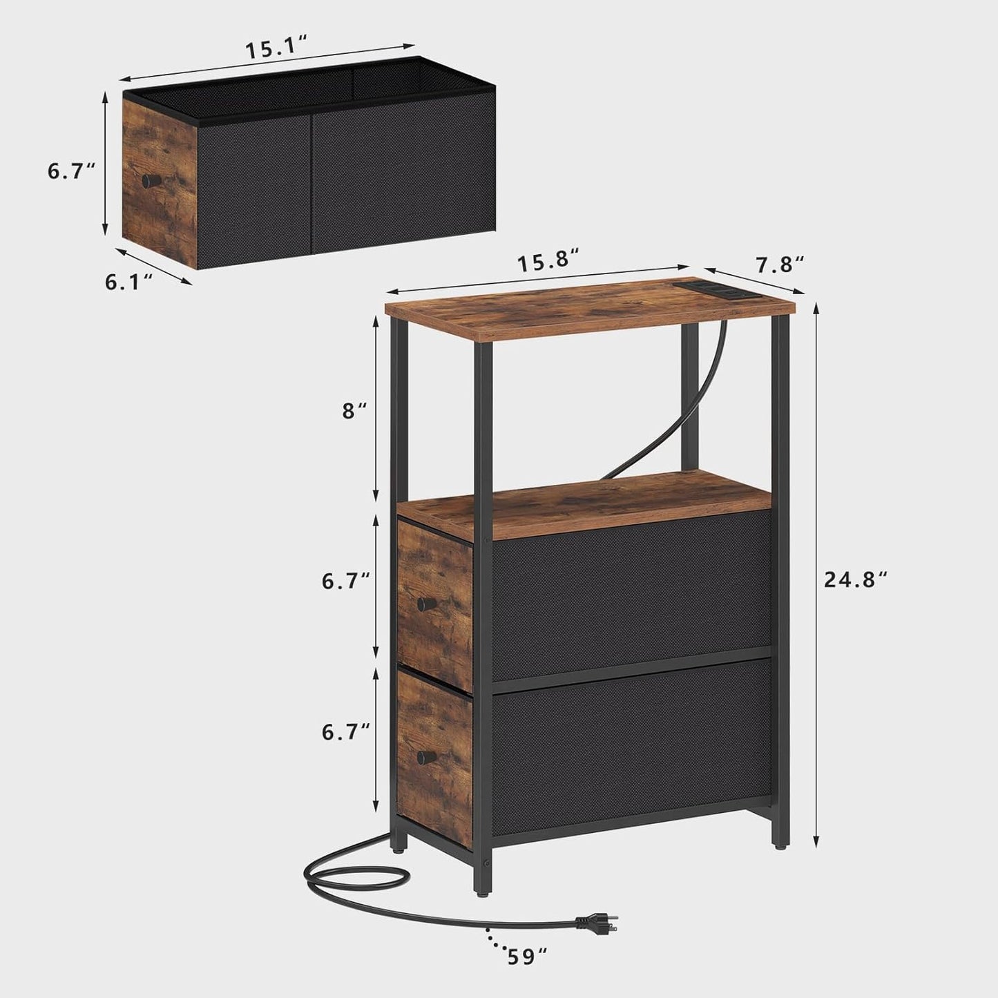 TUTOTAK Small Narrow End Table with Charging Station, Set of 2, Side Table with Outlets, Nightstand with 2 Cloth Drawers, Couch Table, for Living Room, Bedroom, Bedside, Brown TB01BB055