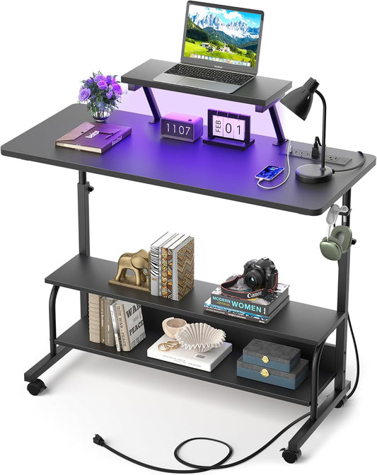 Height Adjustable Standing Desk with Power Outlets and LED Lights - 39" Manual Stand Up Desk with Monitor Stand and Storage Shelves Small Mobile Rolling Computer Desk Portable Laptop Table, Black