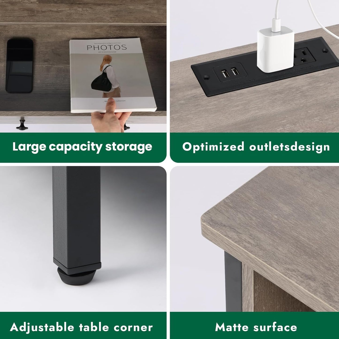 27 Inch Wide Night Stand, Lrage Wood Night Stand Set 2 with 2 Drawers, LED Nightstand with Charging Station and Adjustable Drawer, Bedside Table for Living Room/Bedroom/Study/Office, Gray.