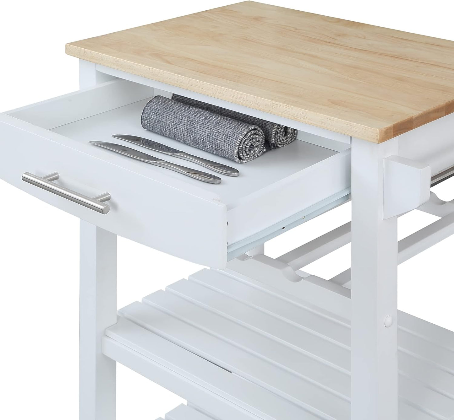 Convenience Concepts Ellaine 4 Tier Kitchen Cart with Drawer and Wine Rack, 24.75", White/Butcher Block