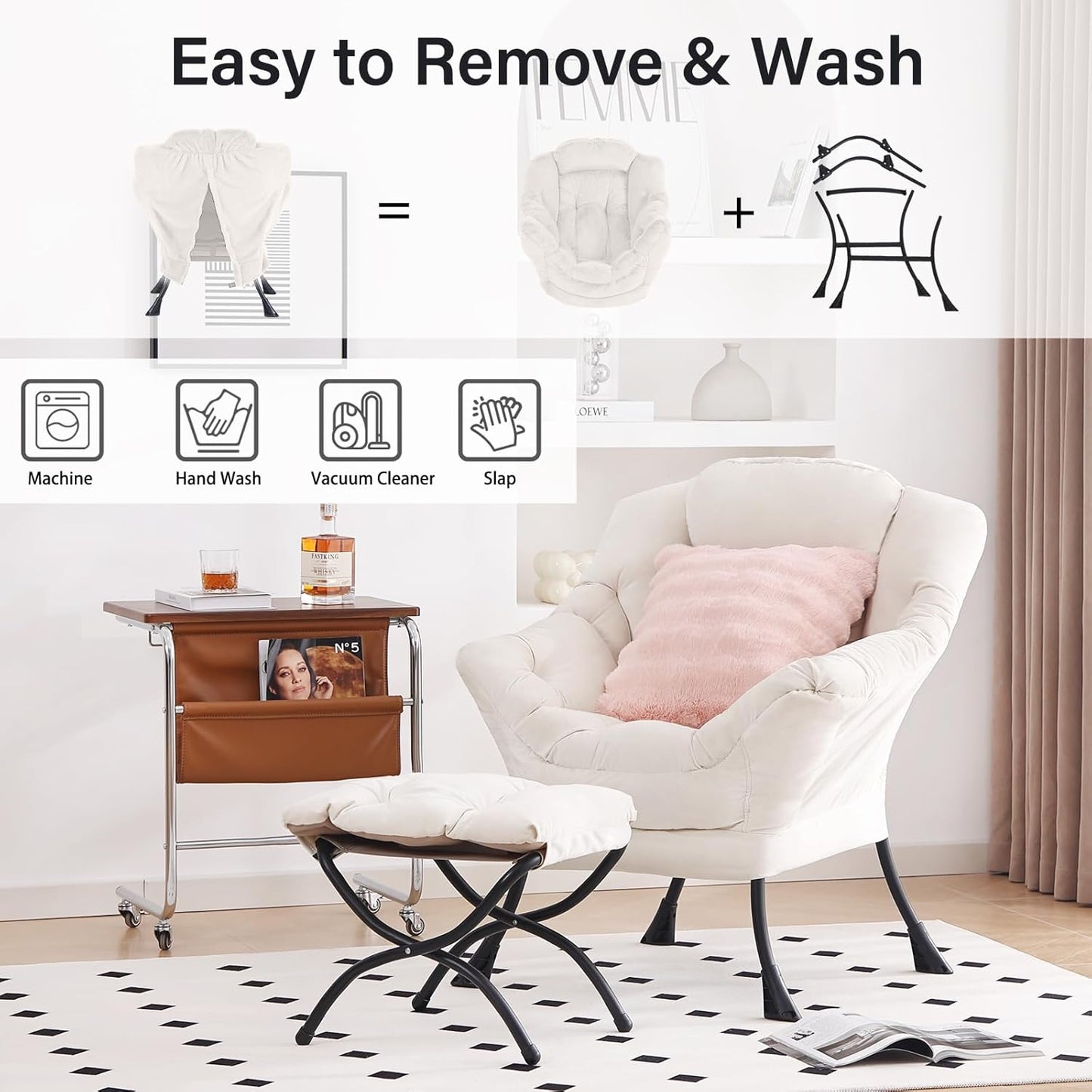 Lazy Chair with Ottoman, Modern Lounge Accent Chair with Armrests and a Throw Pillow, Leisure Sofa Chair Set, Reading Chair with Footrest for Living Room, Bedroom, Dorm Room, Office, Beige