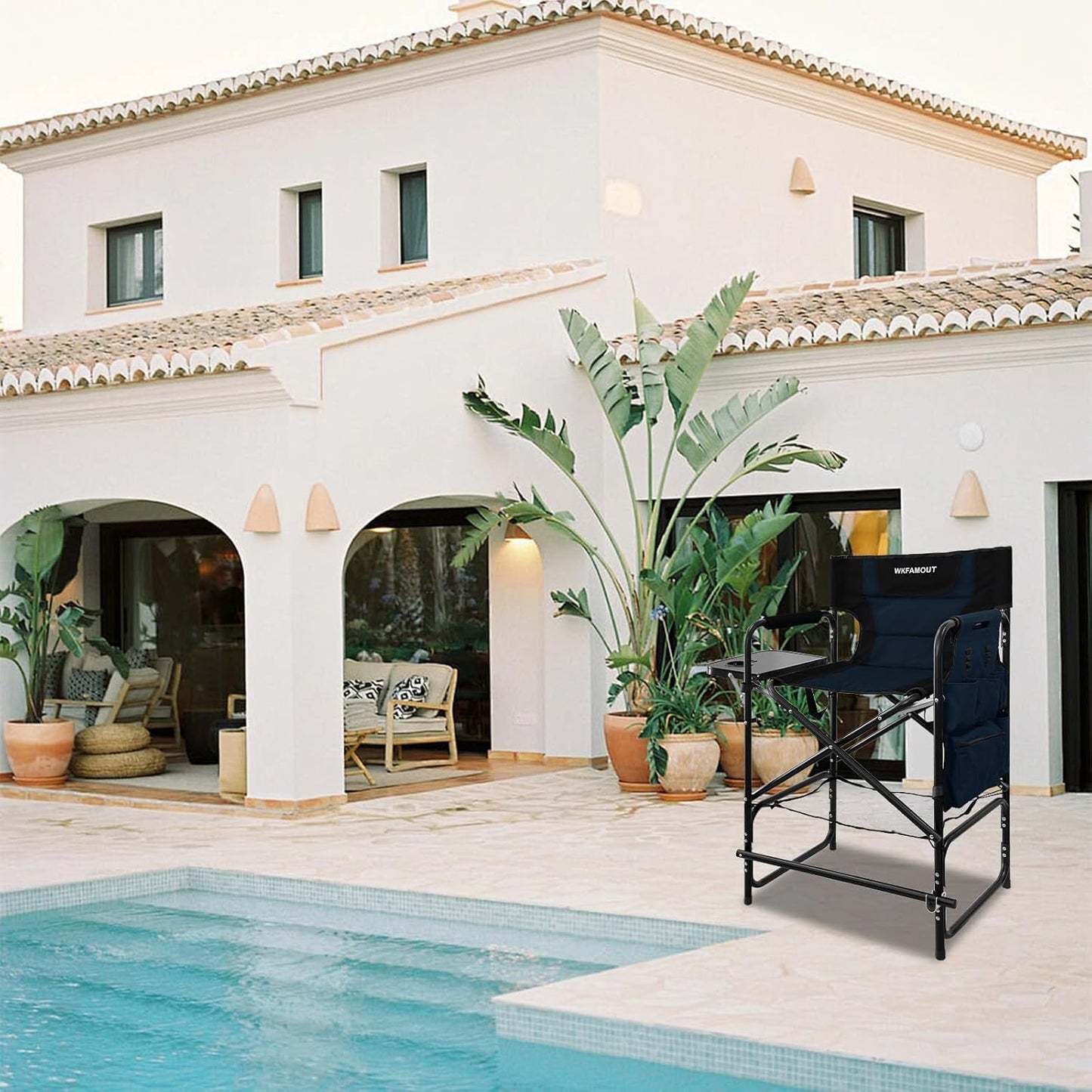 Tall Folding Directors Chair with Side Table 30.71" Seat Height Foldable Camping Chair Bar Stool for Makeup Artist Face Painting with Footrest and Storage Pocket Supports 350LBS