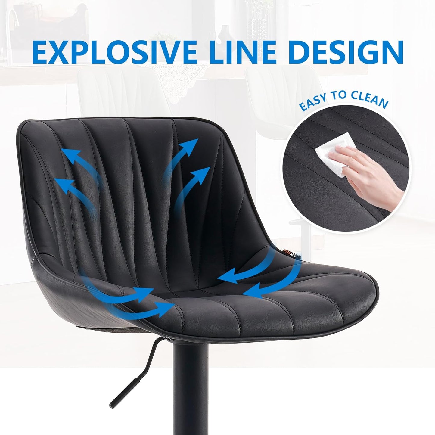 YOUNIKE Bar Stools Set of 2 for Kitchen Island, Black Swivel Tall Bar Stools, Adjustable Barstools with Back, Faux Leather Padded Stools, Modern Counter Height Bar Chairs with 300LBS Support