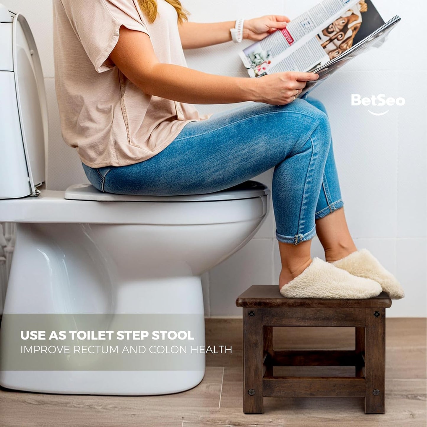 Wooden Step Stool (16.5" Dx12 Wx9 H) Bed Steps for High Beds for Adults - Natural Solid Wood One Step Stool, Heavy Duty- Holds up to 600Lbs- Perfect Safety (9in Height-Walnut)