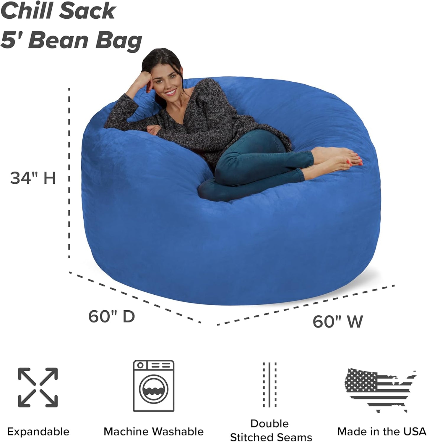 Chill Sack Bean Bag Chair - 5' Giant Memory Foam Lounge Chair with Soft Microfiber Cover – Cozy Furniture for Living Room, Dorm, & Kids' Rooms – Comfortable 5 Ft, Microsuede Lounge Sofa, Royal Blue
