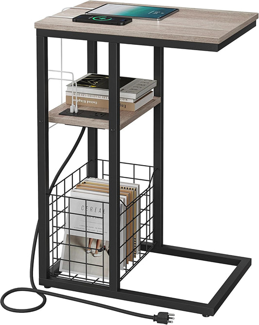Vagusicc C Shaped End Table with Charging Station, Side Table for Couch, Small Side End Table for Small Spaces, 28" High Slide Under Sofa Table for Coffee, Tv Tray Table for Living Room, Greige