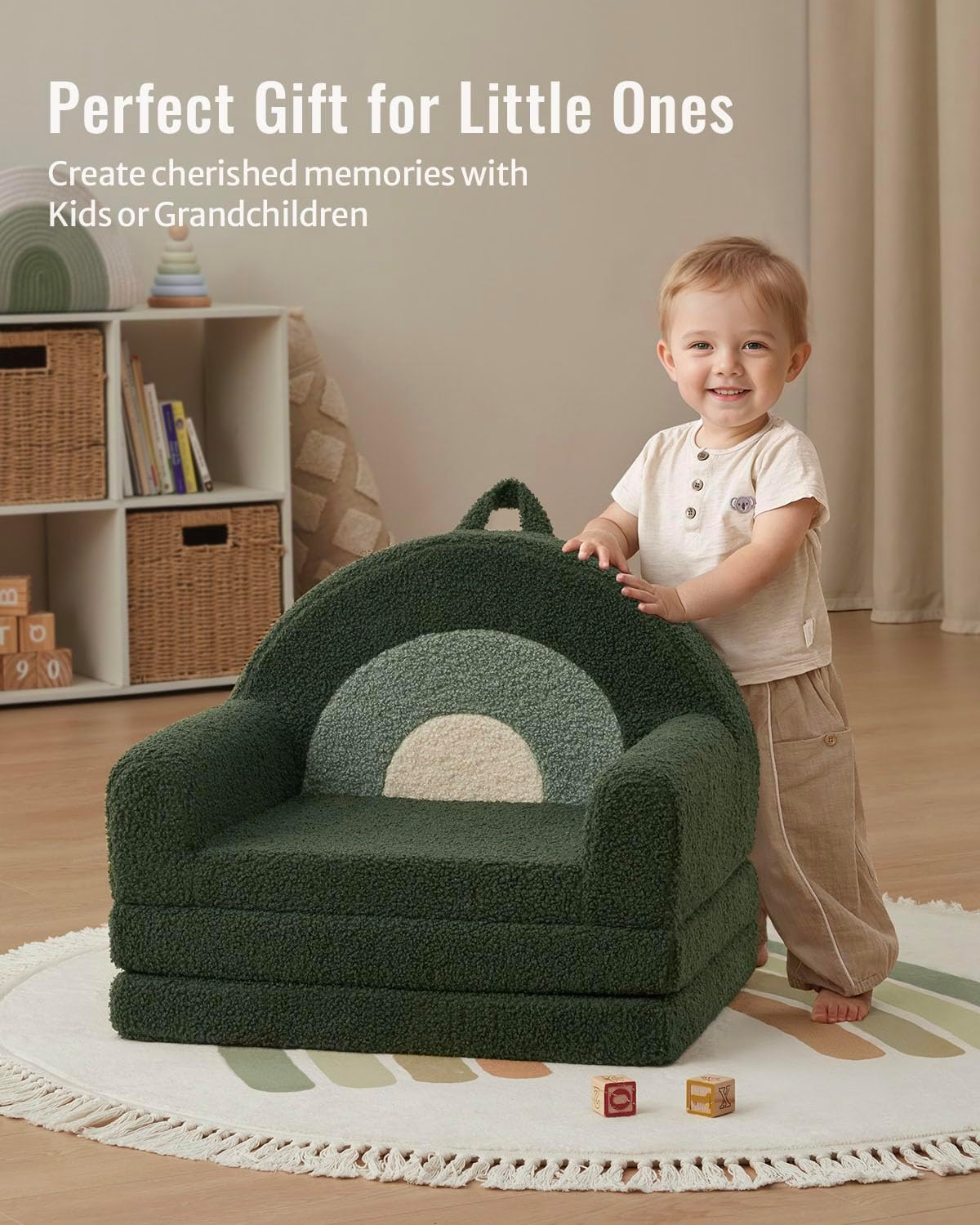 Blissful Diary Foldable Toddler Couch, 2-in-1 Comfy Toddler Chair & Lounger for Reading, Nap, Playroom, Kids Couch Sofa for 1 2 3+ Year Old Girls Boys Birthday Gift, Dark Green Arclet