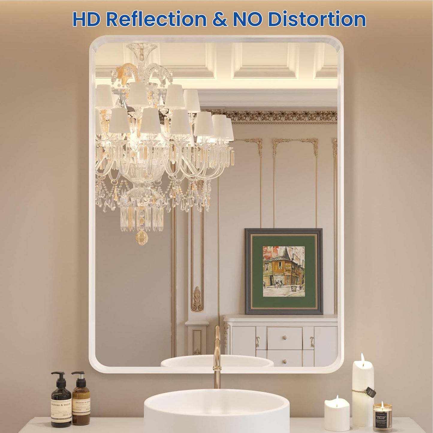 WEER White Bathroom Mirror 20X30 Inch, Rounded Rectangle White Metal Frame Mirror, Matte White Bathroom Vanity Mirror with Tempered Glass, Anti-Rust, Hangs Horizontally or Vertically