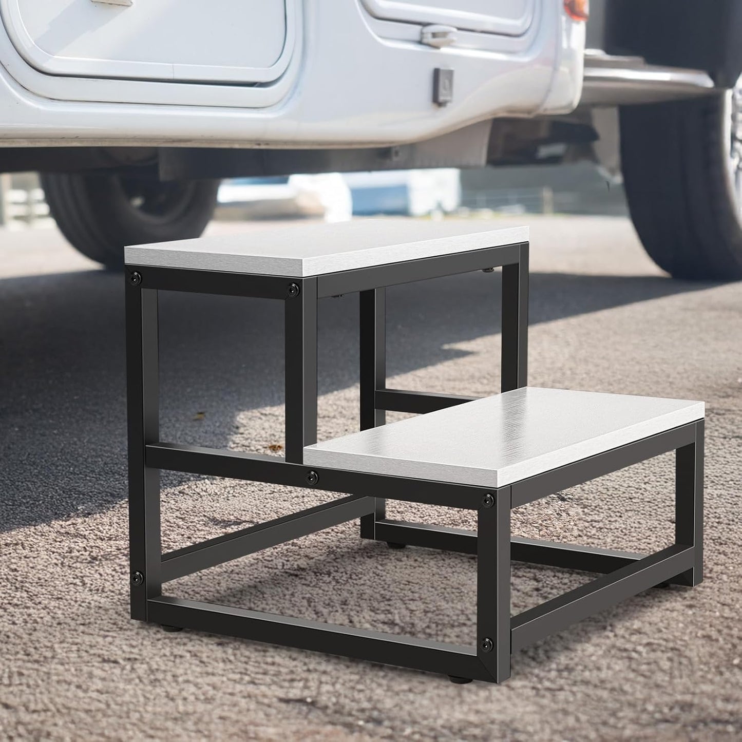 Wood and Metal 2 Step Stool for Adults & Kids – Heavy Duty Rustic Step Stools, 500 Lbs Capacity Non-Slip Stepping Stool for High Beds, Kitchen, Bathroom, Closet, Durable Foot Stool for Home Use,White