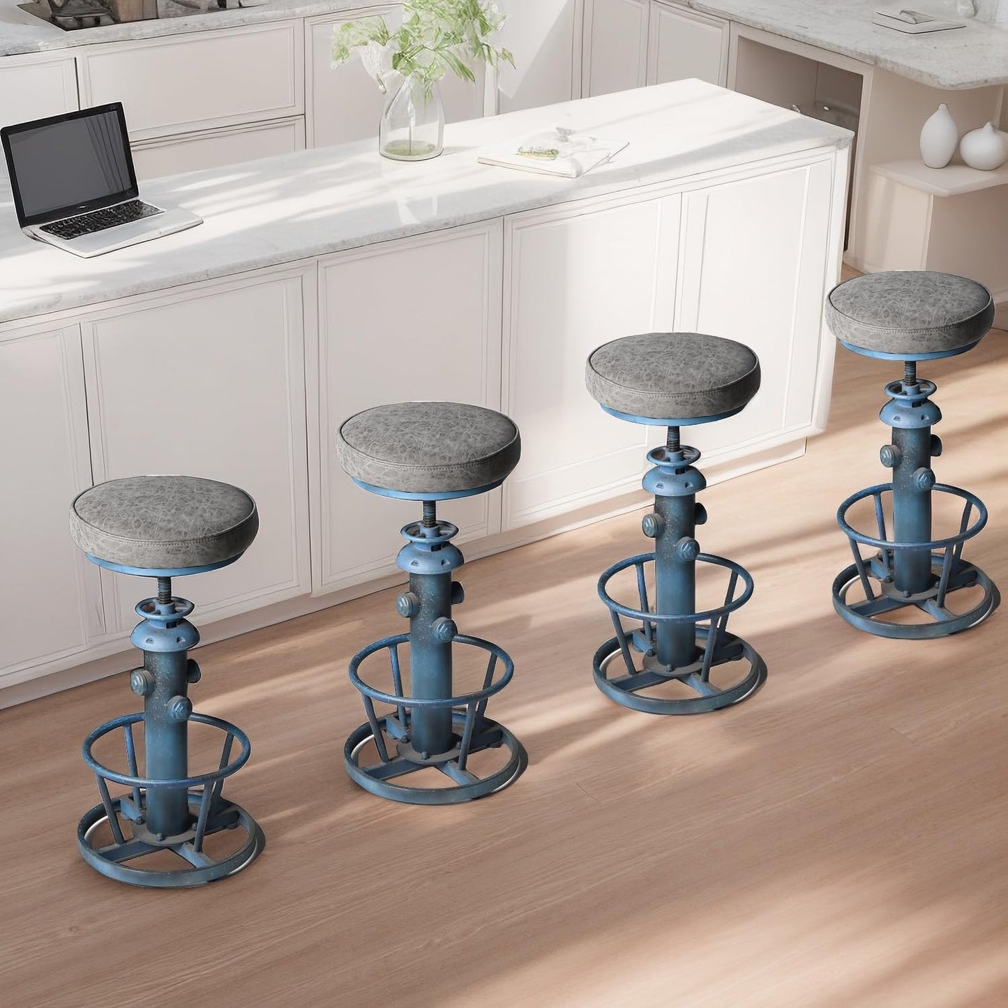 Industrial Bar Stool with Cushioned PU Seat 24.8-30.3inch Height Adjustable Vintage Counter Stools for Kitchen Island Farmhouse Fire Hydrant Design Coffee Chair