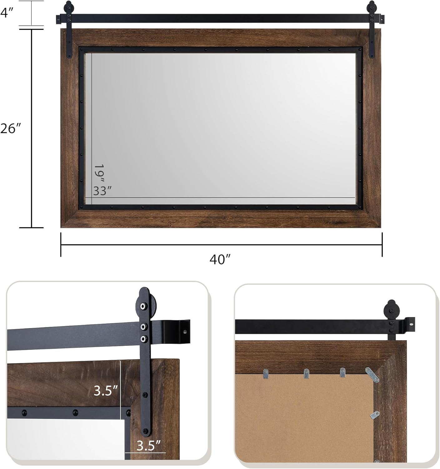 YOSHOOT Farmhouse Barn Door Mirror, 40"x26" Rustic Bathroom Mirror, Wood Frame Wall Mirror, Wooden Mirror for Living Room Bedroom Entryway Wall Décor, Horizontal Hanging ONLY