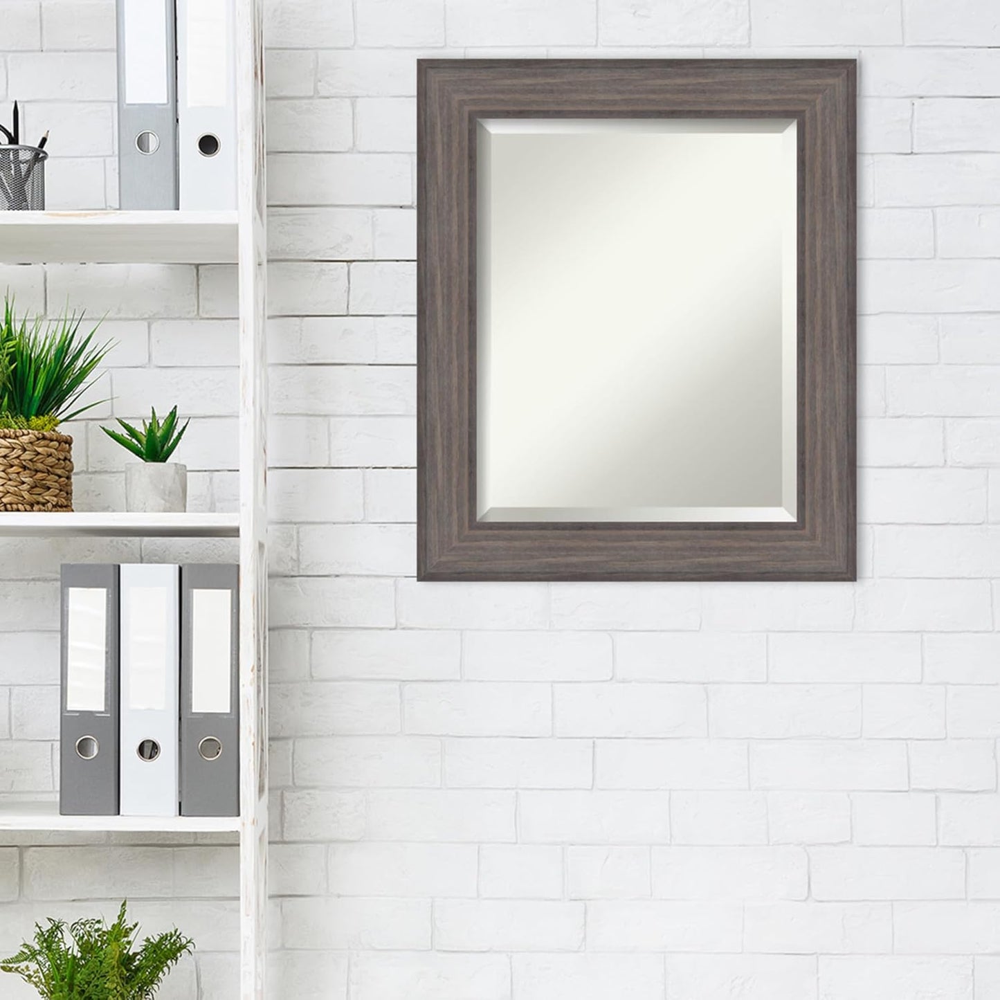 Amanti Art Grey Wall Mirror 25x21 Country Barnwood Rectangle Bathroom Mirror for Wall Decor Living Room, Small Country Rustic Wood Frame, Hangs Horizonally and Vertically, Bathroom Decor, Beveled Edge
