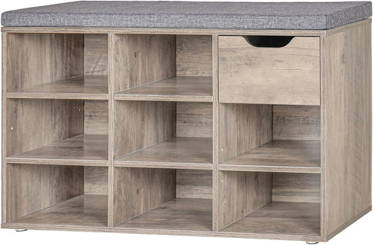 DINZI LVJ Shoe Bench,Entryway Storage Bench with Drawer and 8 Cubbies,Cubby Rack Adjustable Shelves,Shoe Organizer Cabinet for Living Room,Bedroom,Mudroom,Closet Garage,Greige
