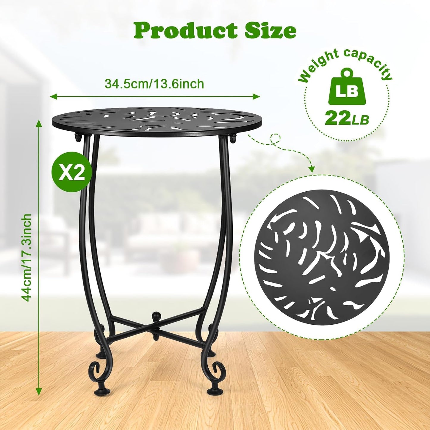 2 Pack Outdoor Side Tables for Patio, Weather Resistant Steel Patio Side Table, Small Round Outdoor End Table Metal Side Table for Patio Yard Balcony Garden Black (Turtle Leafl)