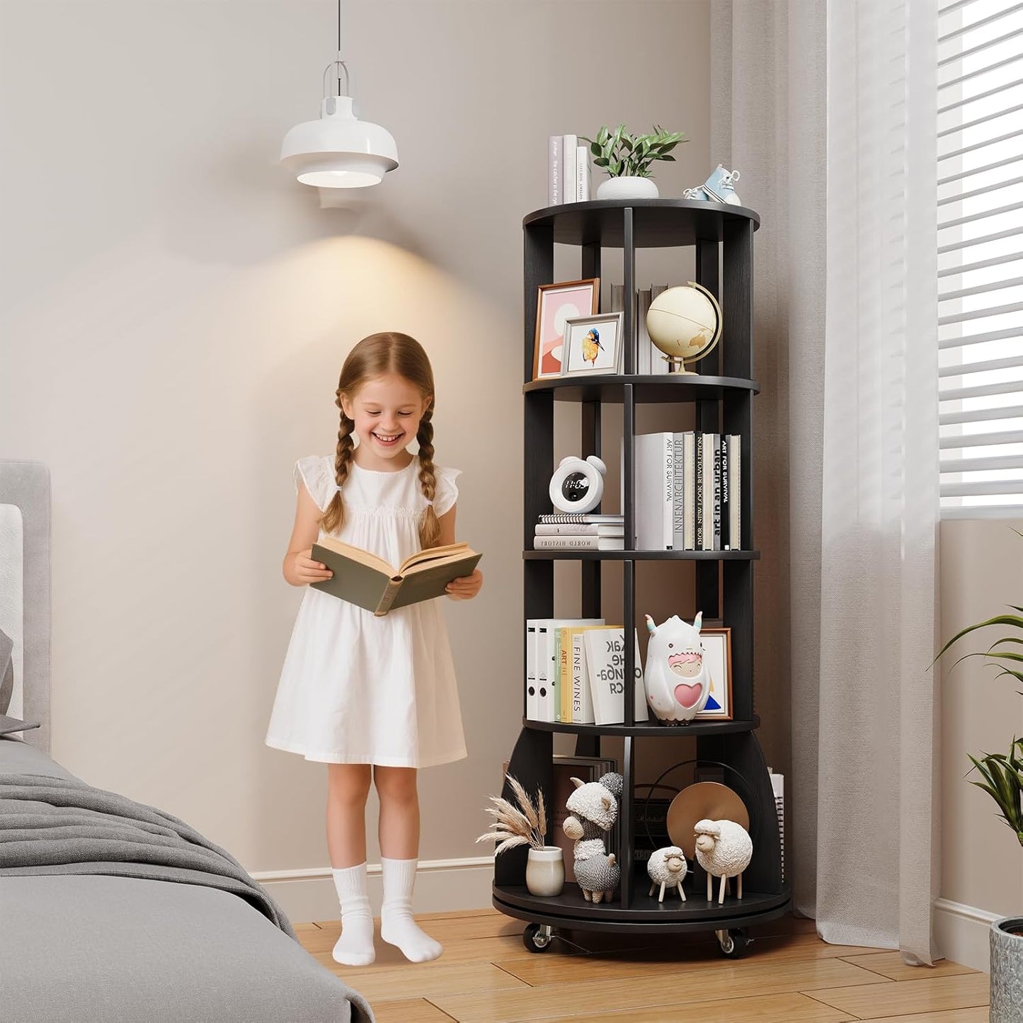 4 Tier Rotating Bookshelf with Brake Wheels, 360° Spinning Bookcase, Vertical Floor Standing Revolving Bookshelf Organizer for Small Spaces, Corner, Living Room, Bedroom, Black