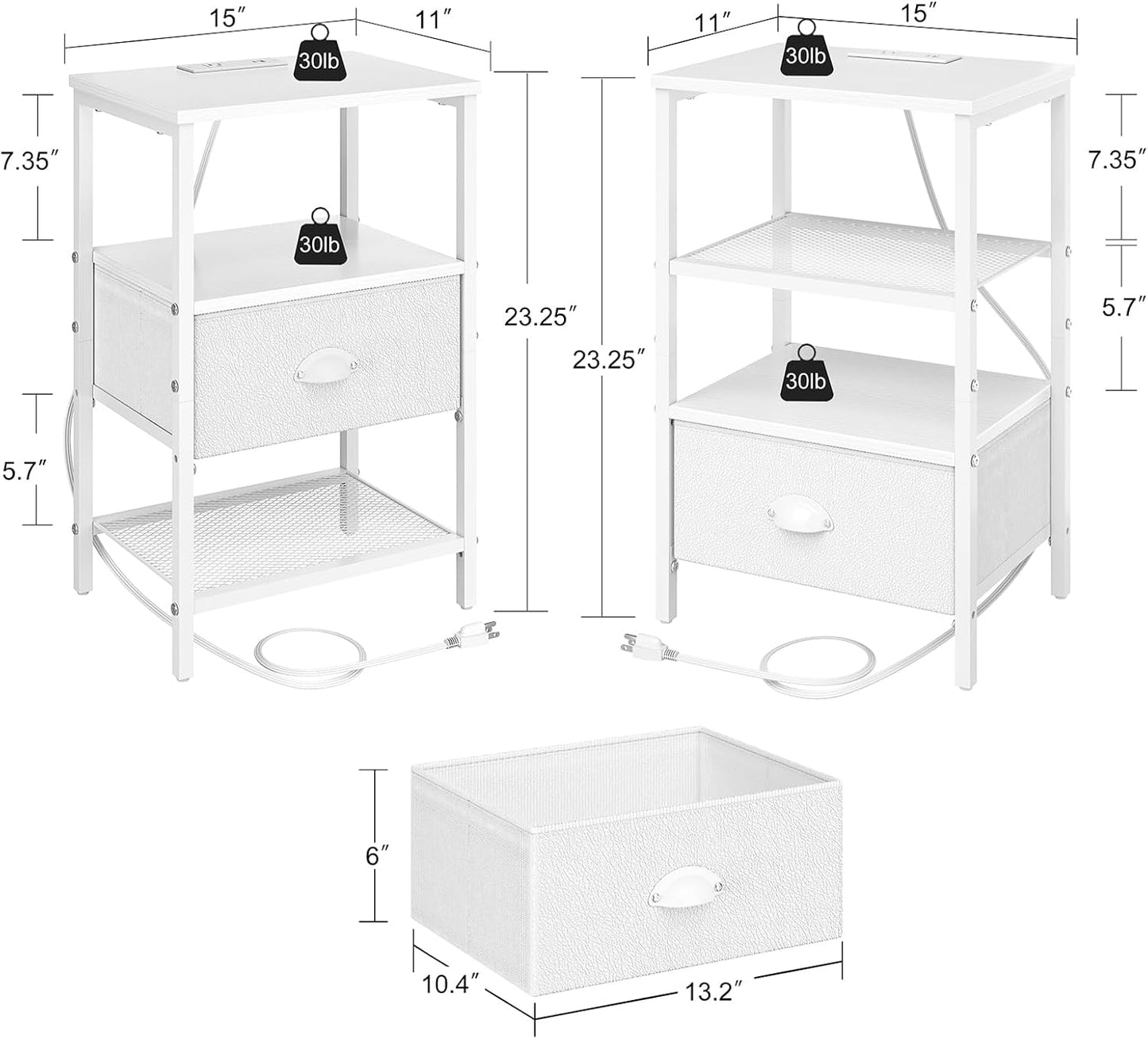 Nightstands Set of 2, Night Stands with Charging Station and Fabric Drawer PU Finish, Bedside Tables with Storage, 3 Tier Side Table with Open Shelf, Nightstands with Charging Station,White
