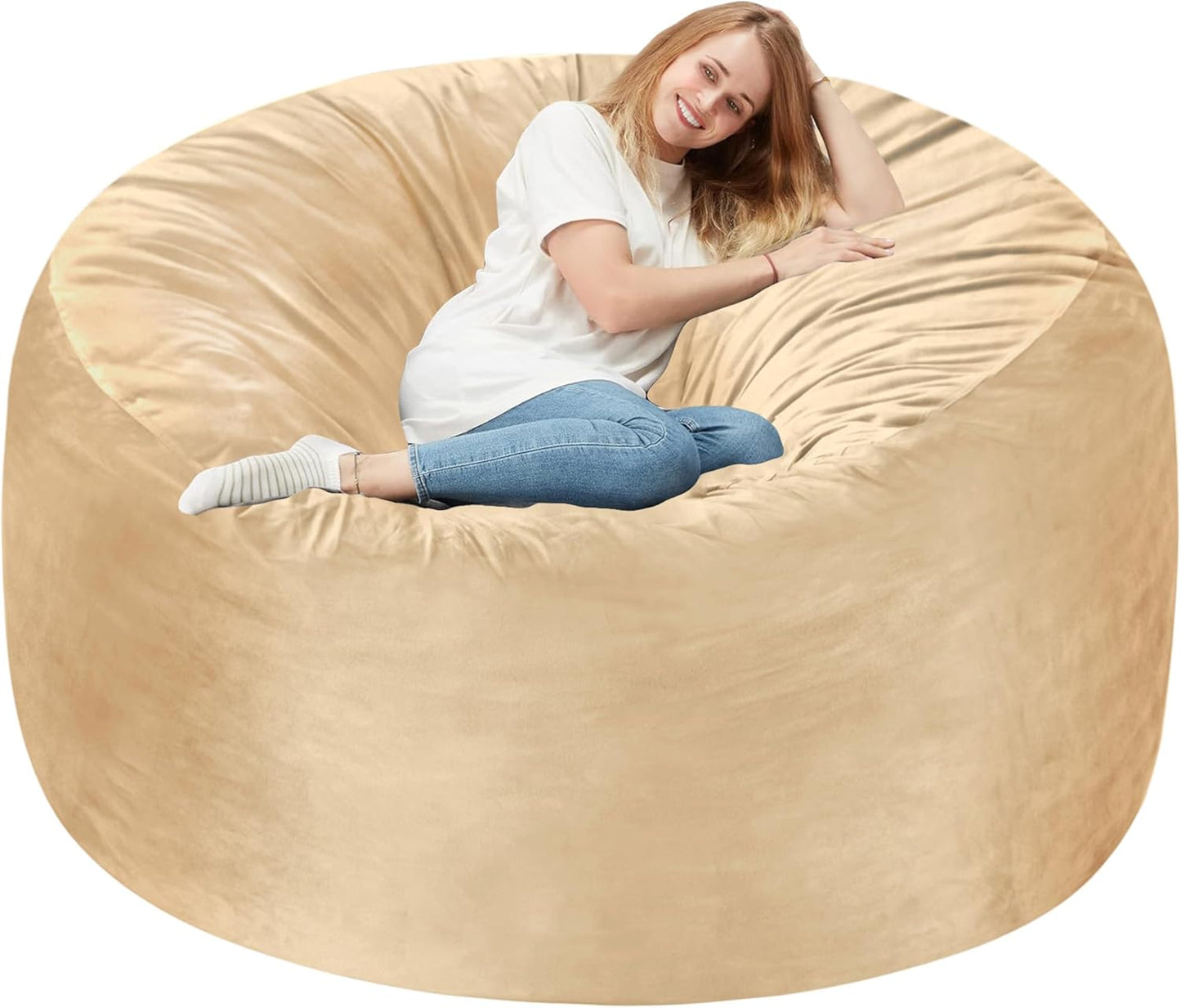 Homguava 6FT Bean Bag Chair Giant BeanBag with Memory Foam Filled, Large Bean Bag Chairs for Adults, Adult Bean Bag Chair with Dutch Velvet Cover for Living Room Bedroom-Khaki