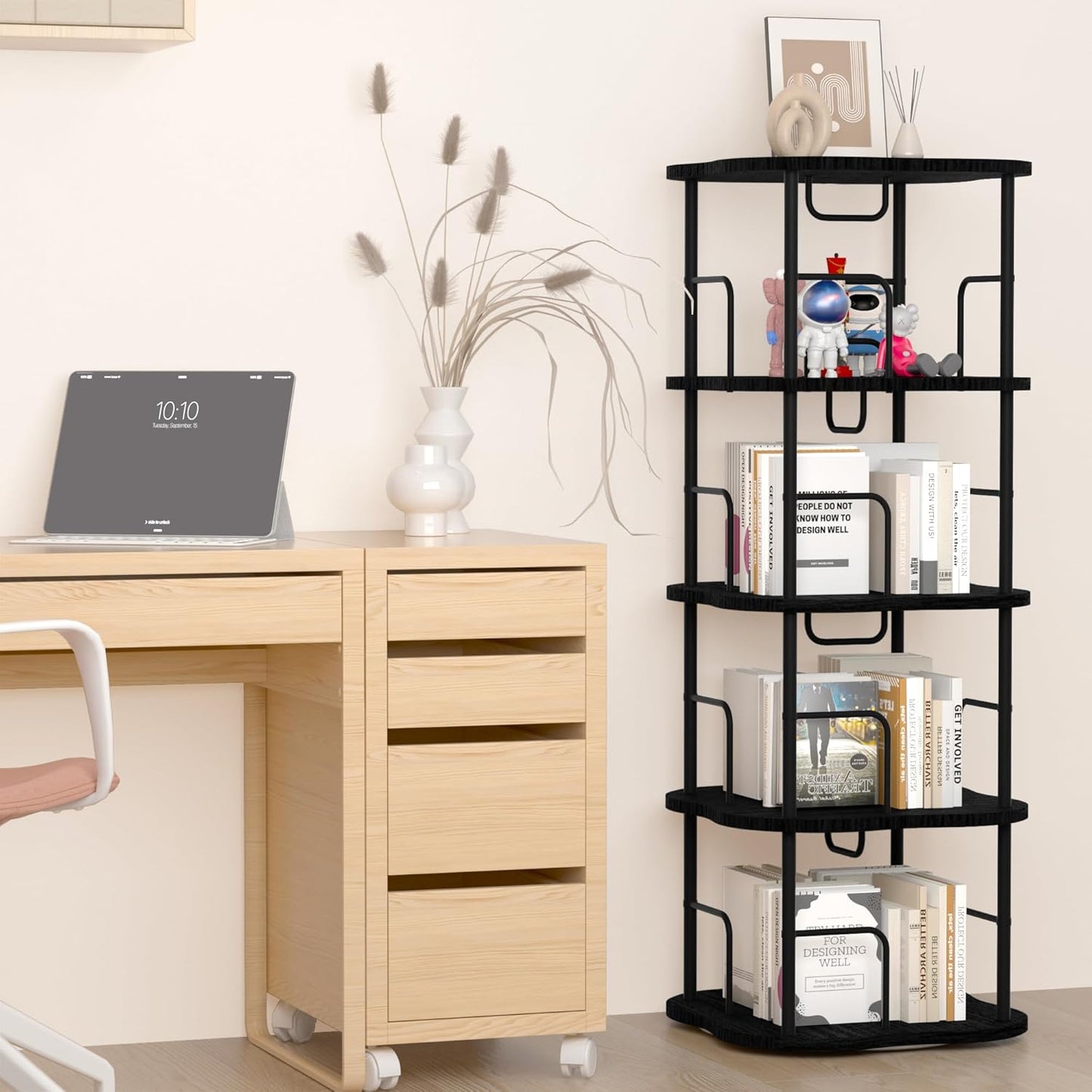 4-Tier Rotating Book Shelf, 360° Display Spinning Bookshelf Tower, Book Organizer, Floor Standing Bookcases for Small Space, Corner Book Shelf for Bedroom, Living Room, Study Room (Black)