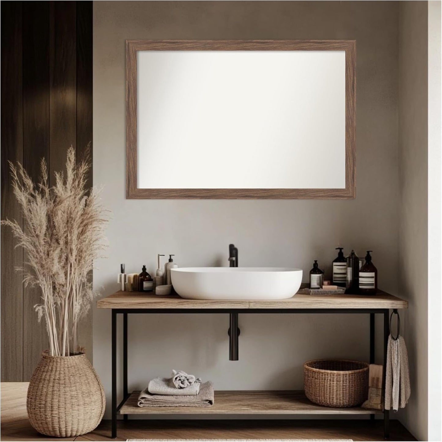Amanti Art Brown Bathroom Mirror for Over Sink, 27x39 Pia Medium Brown Narrow Rectangle Vanity Mirror, Large Casual Frame, Hangs Horizonally and Vertically, Bathroom Wall Decor, Non-Beveled Edge