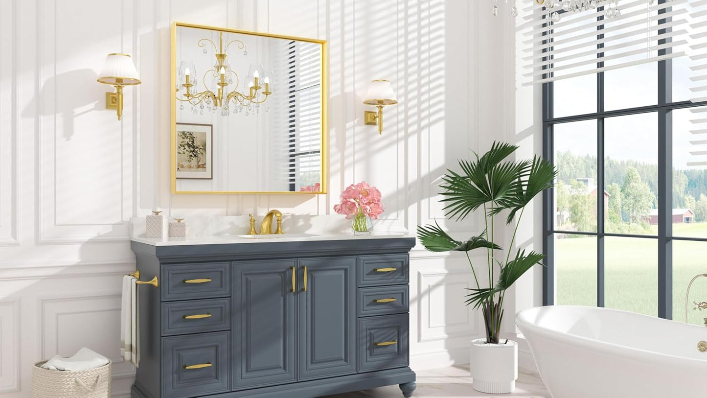 Keonjinn Brushed Gold Bathroom Mirror 36 x 36 Inch Gold Wall Square Mirror Metal Framed Rectangular Mirror for Bathroom Aluminum Alloy Frame Gold Vanity Mirror for Over Sink(Horizontal/Vertical)