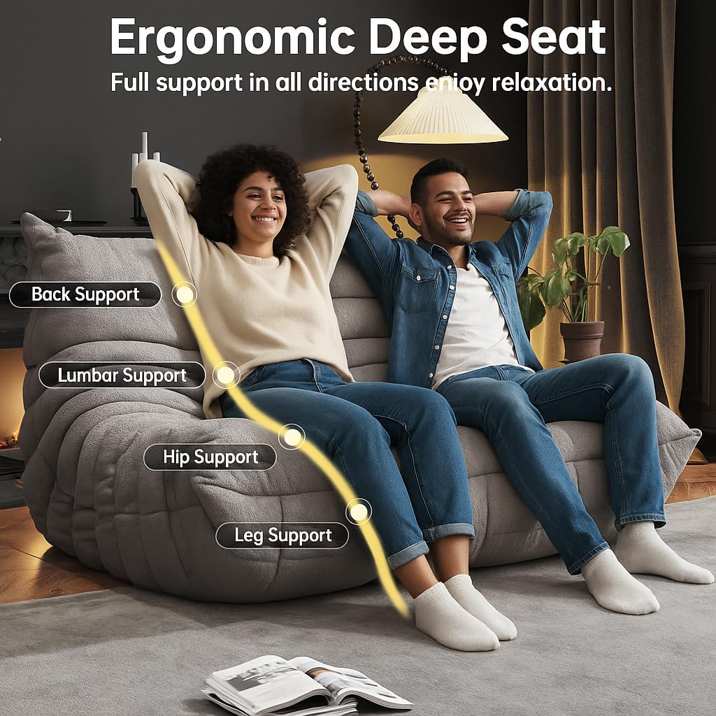 Bean Bag Chairs for Adults, Memory Foam Couch Loveseat Sofa Chair, Soft Teddy Material Cozy Comfy Reading Nook Chairs, Floor Chair for Living Room Bedroom Office(Grey)