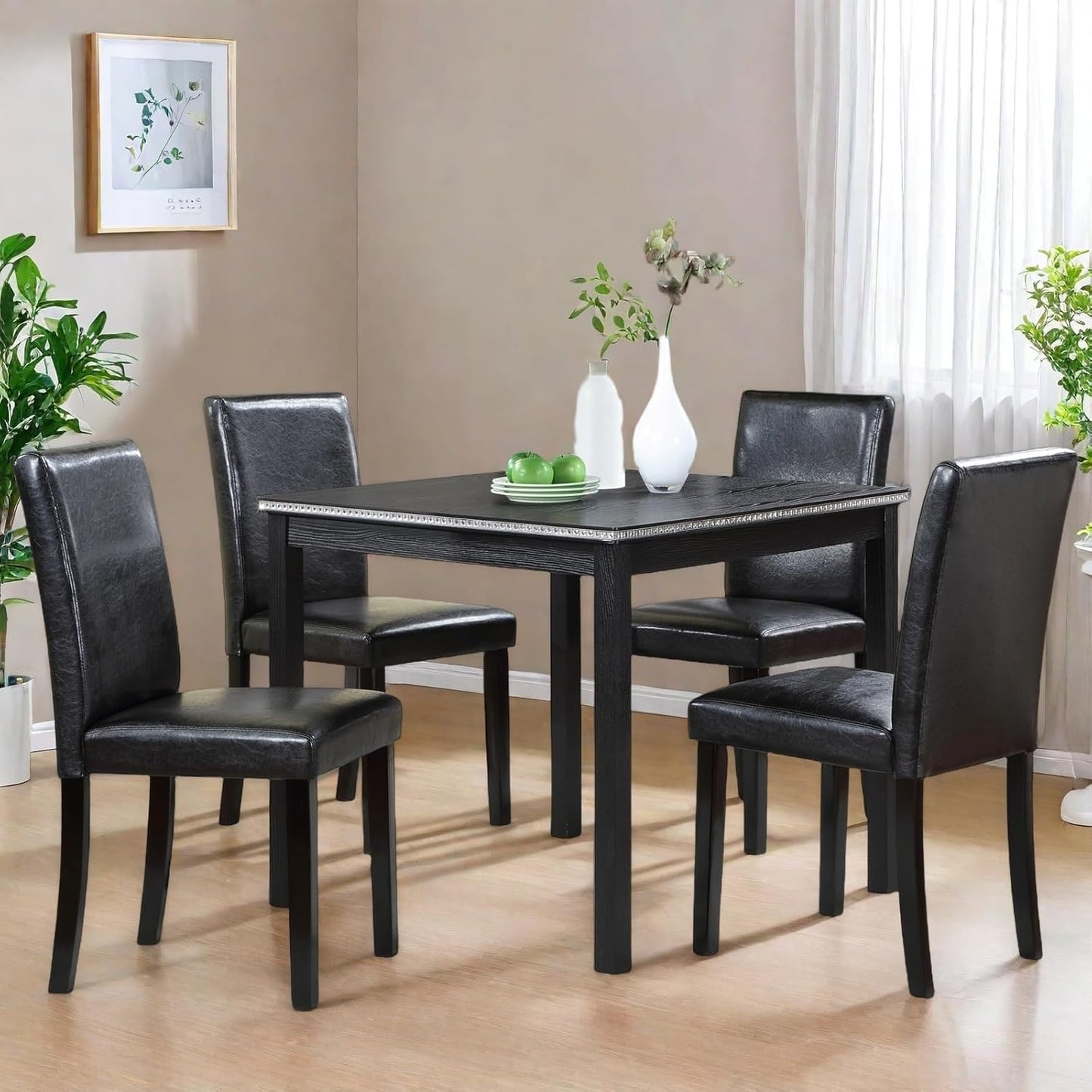 Dining Table Set for 4, 5-Piece Dining Room Table Set with Square Crystal Decoration Table & 4 Upholstered Backrest Chairs, Counter Height Kitchen Sets with Faux Wood Grain Design, Black